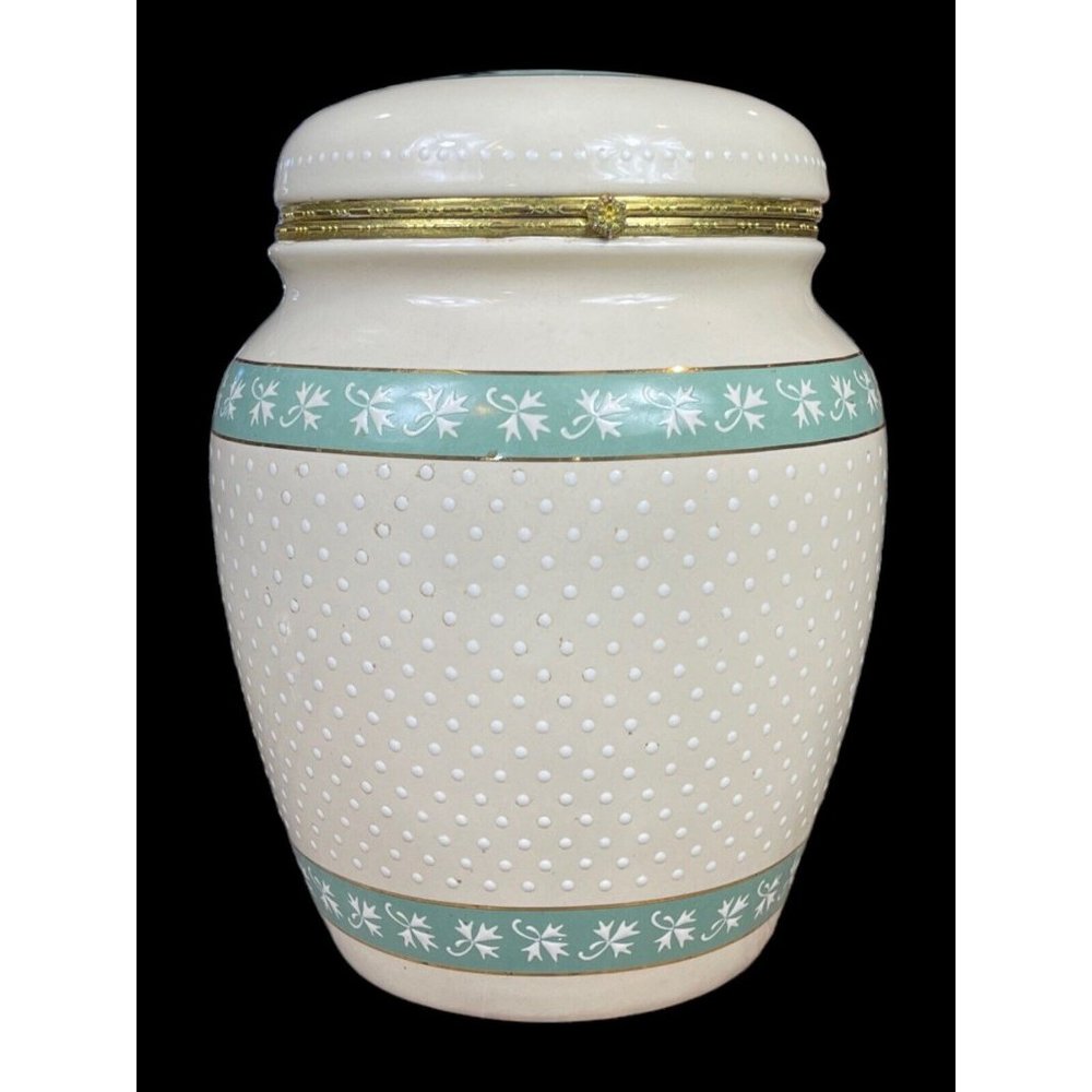 Knott's Berry Farm Ceramic Canister Hinged Lid Cookie Jar Beige Teal Gold Trim